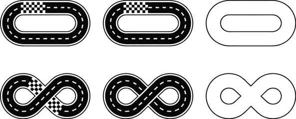 Fototapeta premium Race track circuit set with outline templates. Vector black oval and infinity loop race courses with checkered start finish lines, top view speedway diagrams isolated on white.