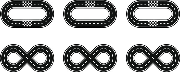 Fototapeta premium Race track circuits vector set. Black oval and infinity loop race course layouts with checkered finish lines, top view motorsport speedways isolated on white background.