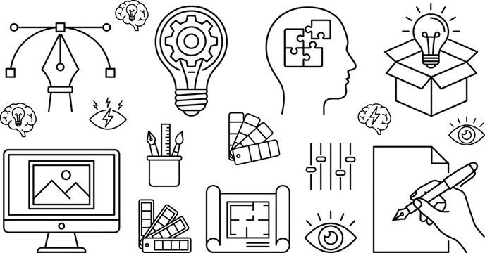 Graphic design doodle vector illustration set of creative tools monitor pen color palette blueprint gear bulb brain box