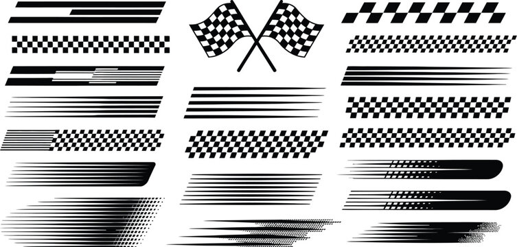 Racing decals and checkered flags vector graphic set. Black speed lines, motion trail graphics, fast car stripes, and finish line elements isolated on white background.