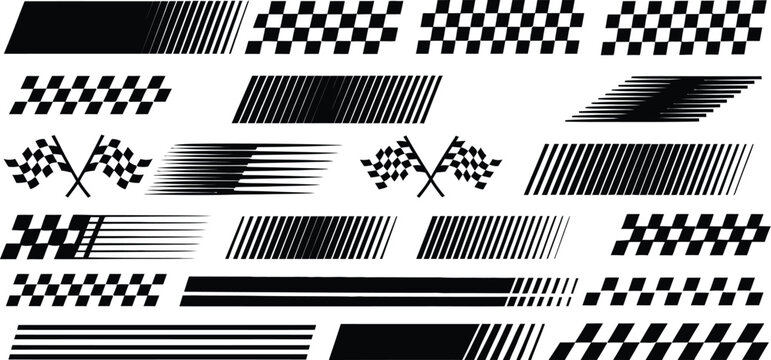 Racing stripes and checkered flags vector graphics set. Black speed lines, motorsport decals, fast motion patterns, and finish line elements isolated on white background.
