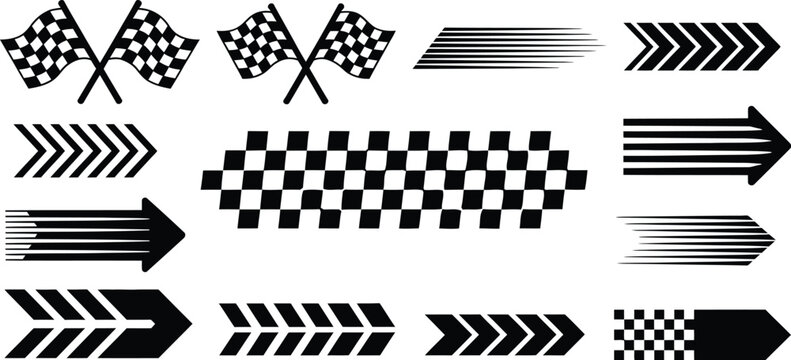 Speed arrows and checkered racing banner vector set. Black fast motion trail graphics, cross flags, and motorsport decals isolated on white background.