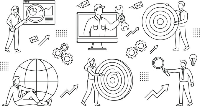 Global business support and strategy line illustration set featuring online technical help data analysis target goal corporate solution