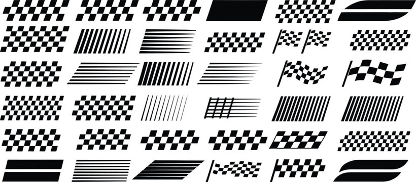 Mega set of racing stripes and checkered flags vector graphics. Black speed lines, motorsport decals, fast motion patterns, and finish line elements isolated on white background.