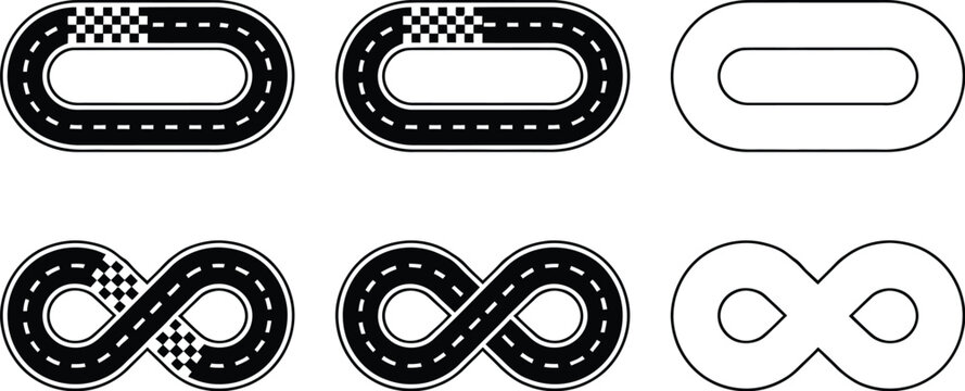 Race track circuit set with outline templates. Vector black oval and infinity loop race courses with checkered start finish lines, top view speedway diagrams isolated on white.