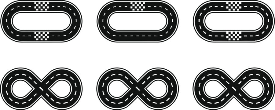 Race track circuits vector set. Black oval and infinity loop race course layouts with checkered finish lines, top view motorsport speedways isolated on white background.