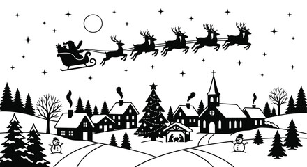 Santa claus with reindeer and winter village silhouette on white background © Tanmoy