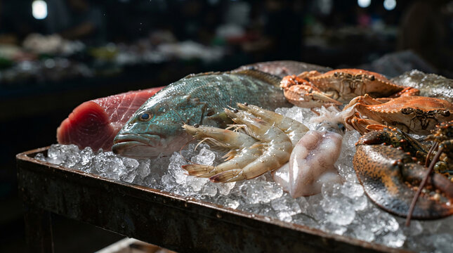 Fresh fish, tuna, shrimp, squid, crabs, and shellfish displayed on crushed ice at a seafood market.