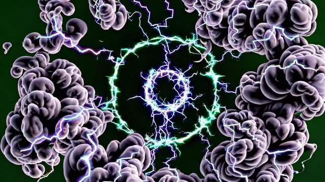 Abstract visual representation of electric energy with swirling clouds and vibrant lightning bolts forming a circular pattern against a dark green background