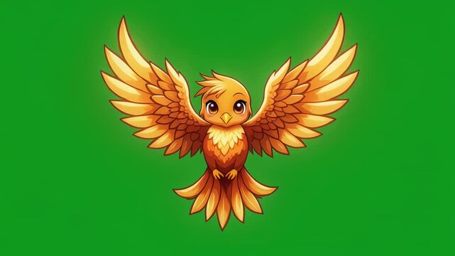 Golden Phoenix Bird Rises With Wings Spread Against Green Screen Background