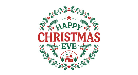 Fototapeta premium Christmas eve wreath illustration with house and holly leaves red and green