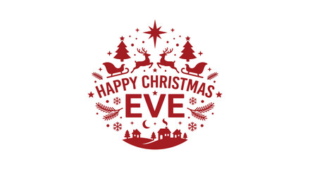 Christmas eve design with reindeer trees and village red vector illustration © Tanmoy