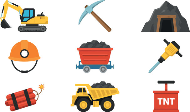Coal Mining Icon Set with Excavator, Pickaxe, Helmet, Cart, Drill, Dynamite, and TNT for Industry Illustrations