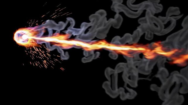 Fireball projectile with flames and smoke emitted from a glowing sphere, showcasing dynamic movement against a black background in a continuous action sequence