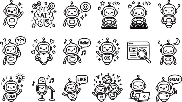 Robots performing various digital tasks are arranged in a collection of clean, black and white line art icons.