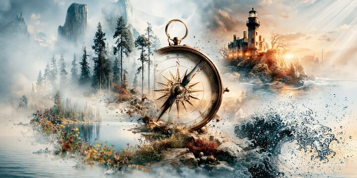Golden vintage compass leading through diverse environments of mountains, forest, lake, and sea journey