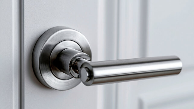 Modern brushed steel lever handle on a white interior door, showing sleek hardware design for contemporary home or office architecture, close up view of entrance mechanism