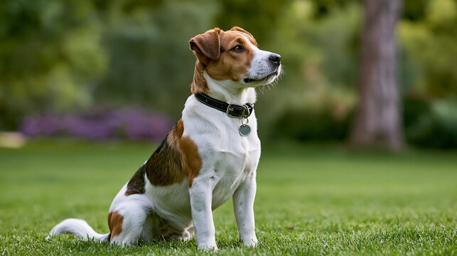 Jack russell terrier dog sitting attentively outdoors on green grass in a park, wearing a collar with an id tag, looking alert and focused on something in the distance, copy space