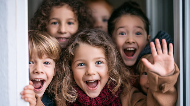 Group of diverse, excited kids peeking and waving from a doorway, showcasing friendship, joy, and the cheerful energy of childhood happiness during playtime