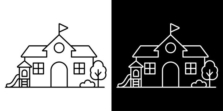 保育園・幼稚園の園舎と遊具を表す白黒線画アイコンセット