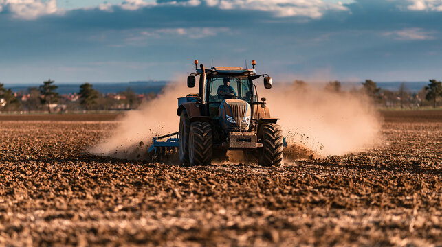 Farming tractor cultivating dry agricultural field, plowing soil, preparing land for planting season, generating clouds of dust, symbolizing hard work and rural enterprise