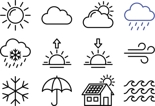Weather doodle vector illustration set of meteorology icons sun cloud rain snow wind sunrise sunset umbrella solar home