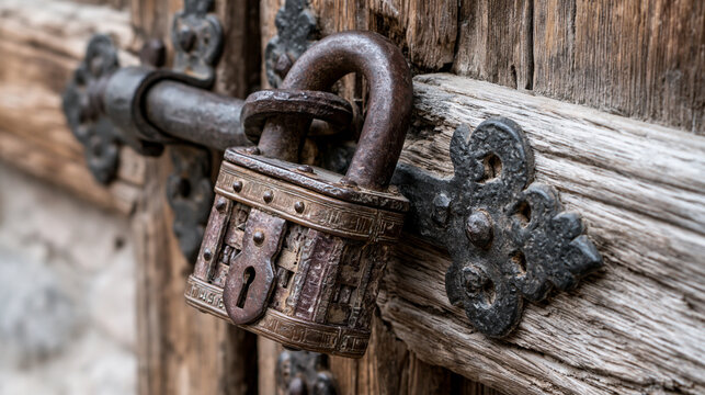 Rustic wooden door featuring an old, decorative antique padlock attached to a weathered iron latch, symbolizing security, history, and forgotten access
