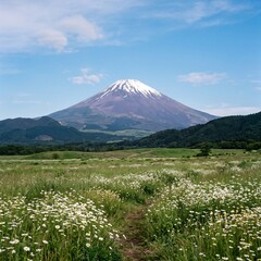 Fototapeta premium Volcanic Mountain Peak Above Flowering Meadow Landscape