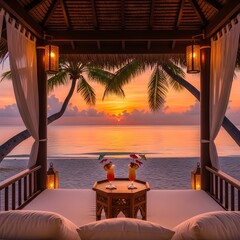 Obraz premium Romantic Beachfront Cabana at Sunset with Tropical Drinks.