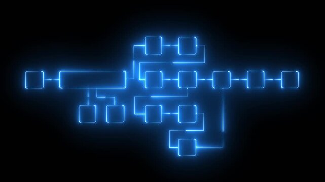 Futuristic neon flowchart diagram with glowing connected blocks and dynamic digital pathways representing system workflow, data processing, and modern technology architecture.