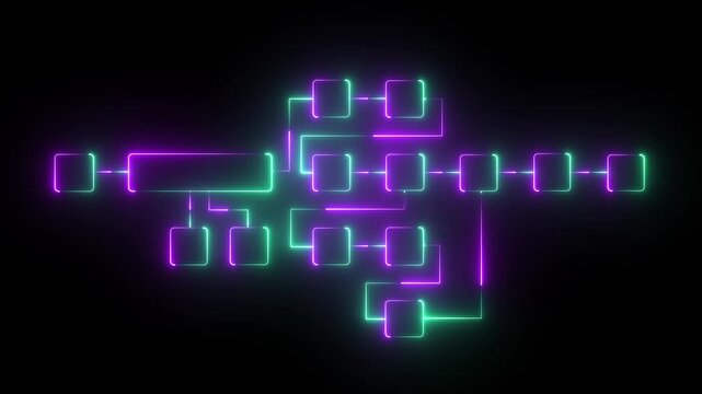 Futuristic neon flowchart diagram with glowing connected blocks and dynamic digital pathways representing system workflow, data processing, and modern technology architecture.