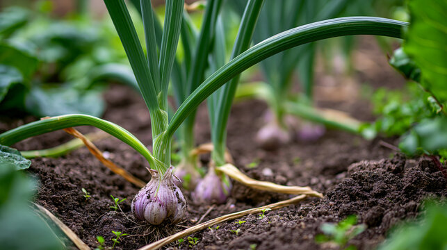 Garlic bulbs with green leaves emerging from dark soil in a garden bed, illustrating growth, organic agriculture, and sustainable food production