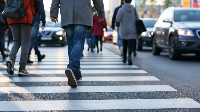 Pedestrians crossing city street on a zebra crosswalk during rush hour, showing movement and an active urban environment with blurring cars