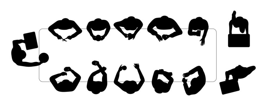 set of people dining in restaurant top view silhouettes for architectural presentation. group of friends eating and talking in cafe concept. black shadow plan vector illustration.