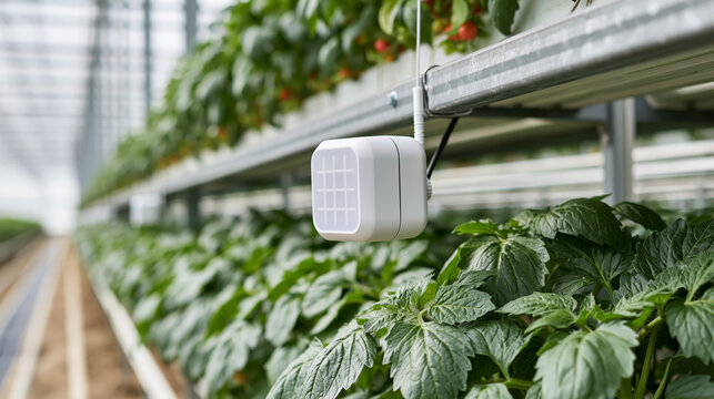 Smart sensor monitoring growing tomato plants in a modern greenhouse, collecting data for precision agriculture and environmental control in smart farming system