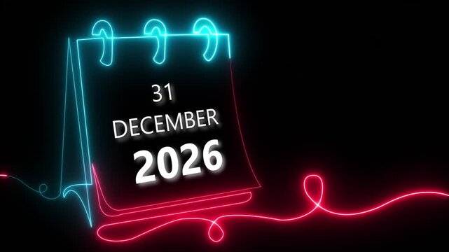 Neon Glowing Calendar Art Showing 31 December 2026 Countdown. Futuristic New Year Party Night Celebration Poster, Festival Greeting Card Template and Event Banner Design.