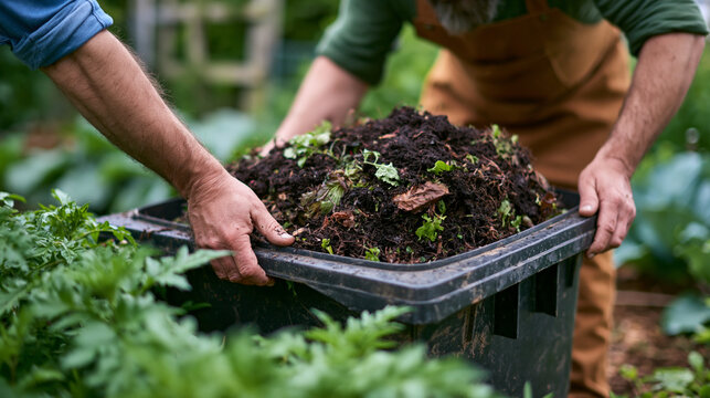 Gardeners carrying a bin full of nutrient rich organic compost for fertilizing healthy plants, showing sustainable agriculture and eco friendly gardening practices