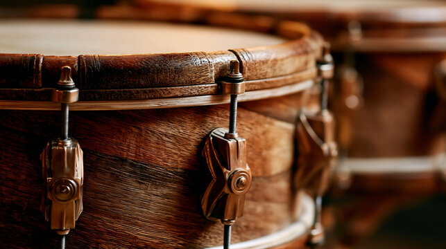 Wooden drum featuring intricate brass hardware and a distinctive wood grain texture, highlighting the artistry and quality of acoustic percussion instruments used in music