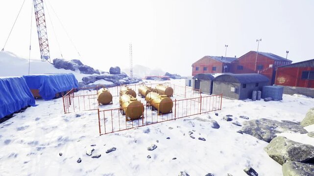Yellow fuel tanks on snow plain, remote arctic depot with orange storage buildings, fenced cylinders and industrial crane, crisp cold light and scattered icy