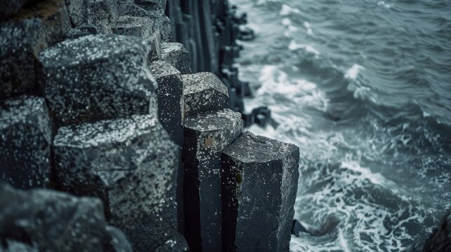 Basalt columns with hexagonal edges sea salt deposits volcanic rock texture filmed in moody coastal light Canon EOS R5 35mm f8