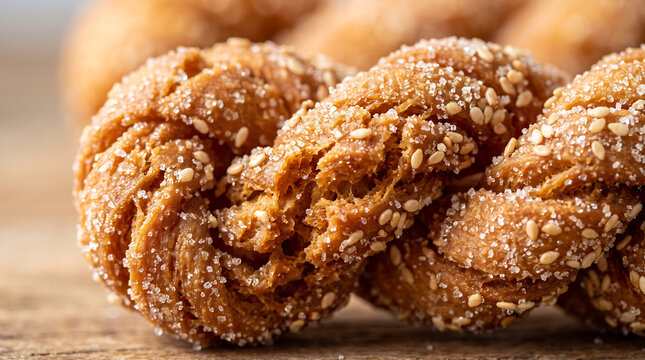 Macro Close-Up of Crispy Golden Fried Dough Twist Coated in Sugar Crystals and White Sesame Seeds