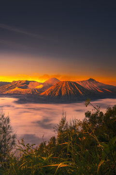 Sunrise time in top of the hill in Bromo Tengger seamer National Park Lumajang East Java Indonesia