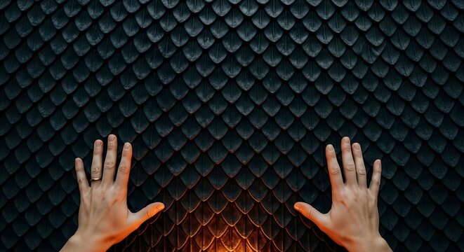 Two hands touching a dark textured dragon scale wall