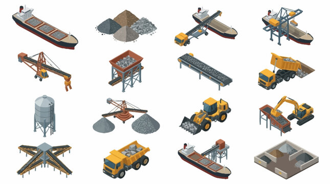 Isometric set of industrial vehicles and construction equipment.
