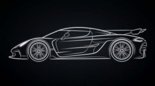 Neon glowing outline of high performance hypercar featuring large rear spoiler and multi spoke wheels on dark sky.