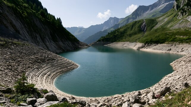 Extrem niedriger Pegelstand in einem Schweizer Bergstausee