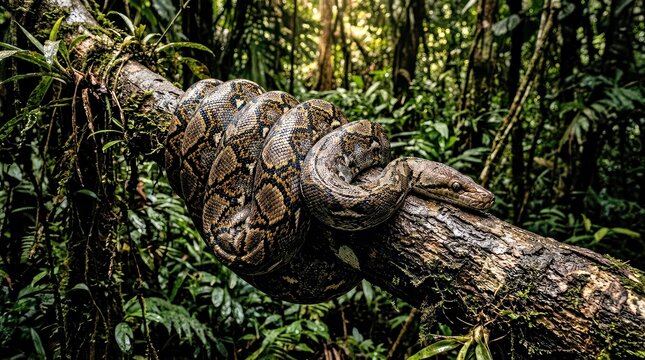 Python Coiled on Mossy Tree Branch in Rainforest.jpg