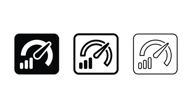 Set of three speedometer speed test icon variations featuring graphical tachometer dials in solid filled and outlined square button style designs