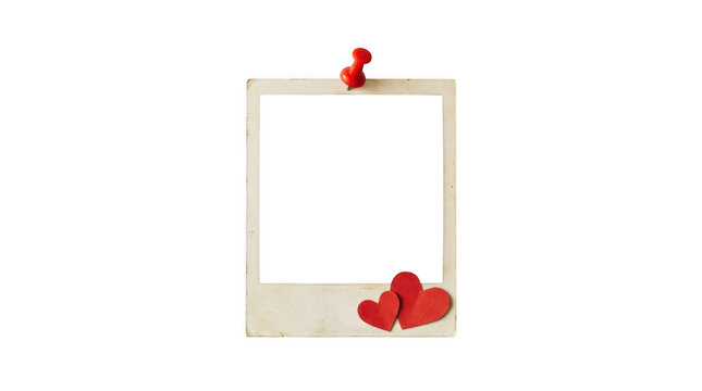 Vintage polaroid photo frame with red hearts and push pin isolated on transparent background