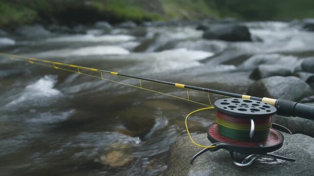 A fly fishing rod with a yellow line rests over a flowing mountain river stream.
